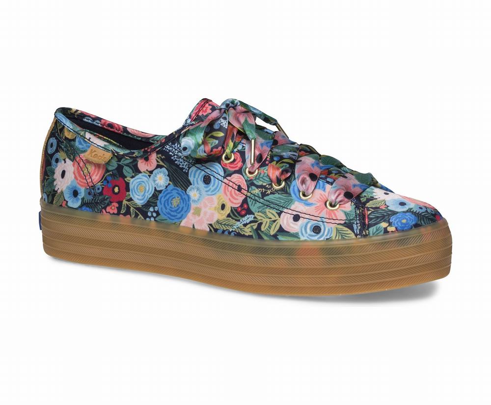 Women's Keds x Rifle Paper Co Triple Kick Garden Party Wide Width Shoes Navy Multicolor 5478169JD -